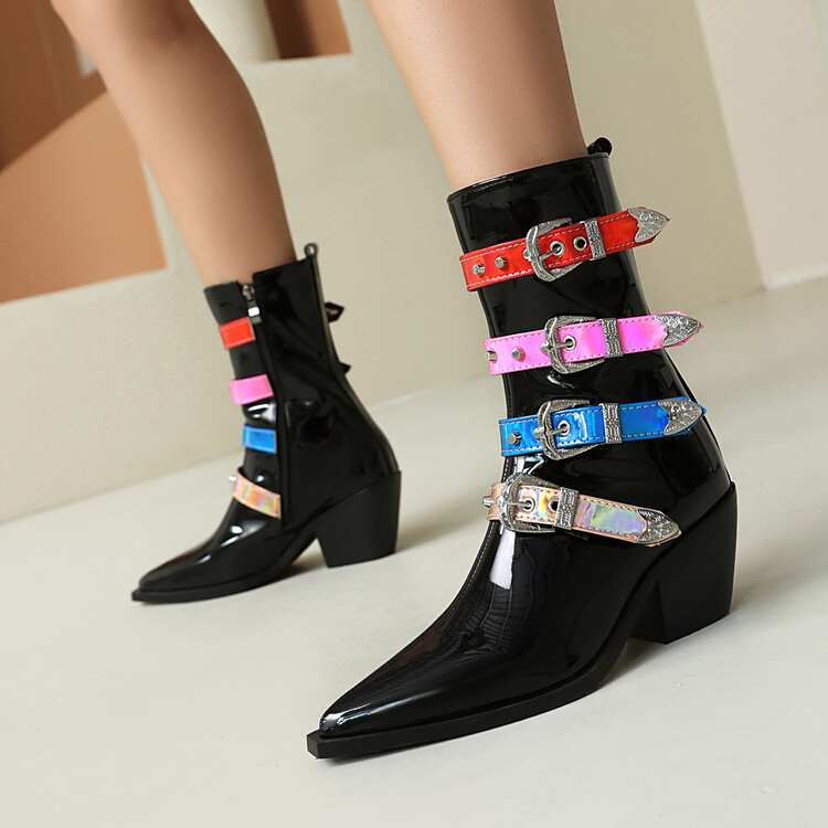 Chelsea Boots for Women PU Upper Chunky High Heel Pointed Toe Side Zip Mid Calf